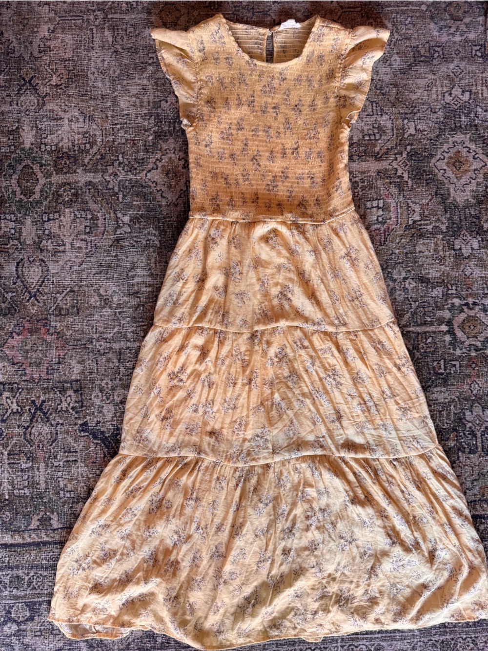 Smocked Waist Floral Midi Dress in Pale Yellow